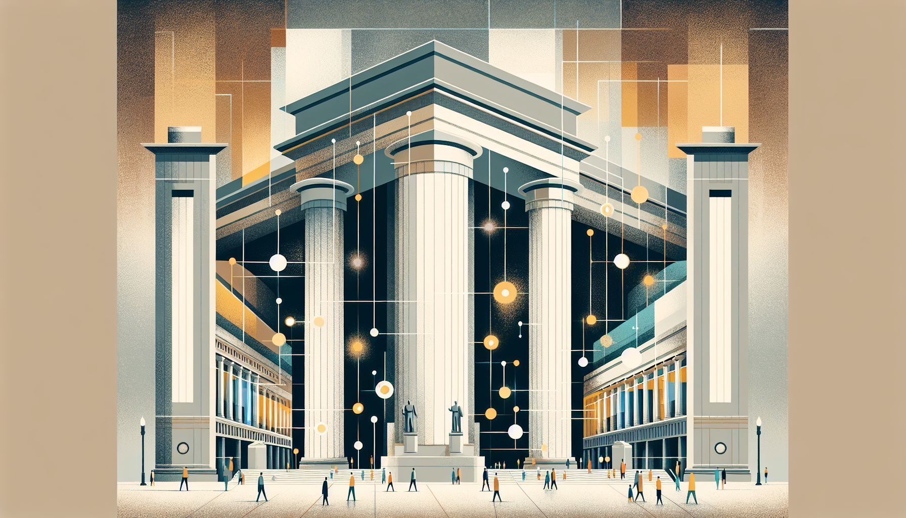Abstract editorial illustration representing AI entering public institutions