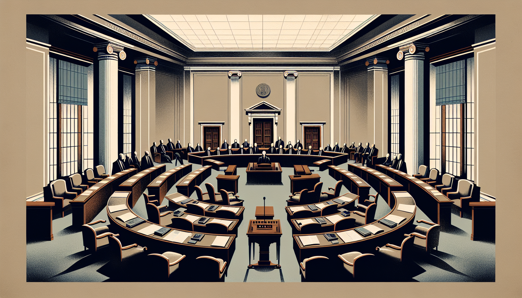 Abstract editorial illustration of an empty government chamber — vacant chairs, unattended documents, no one at the podium