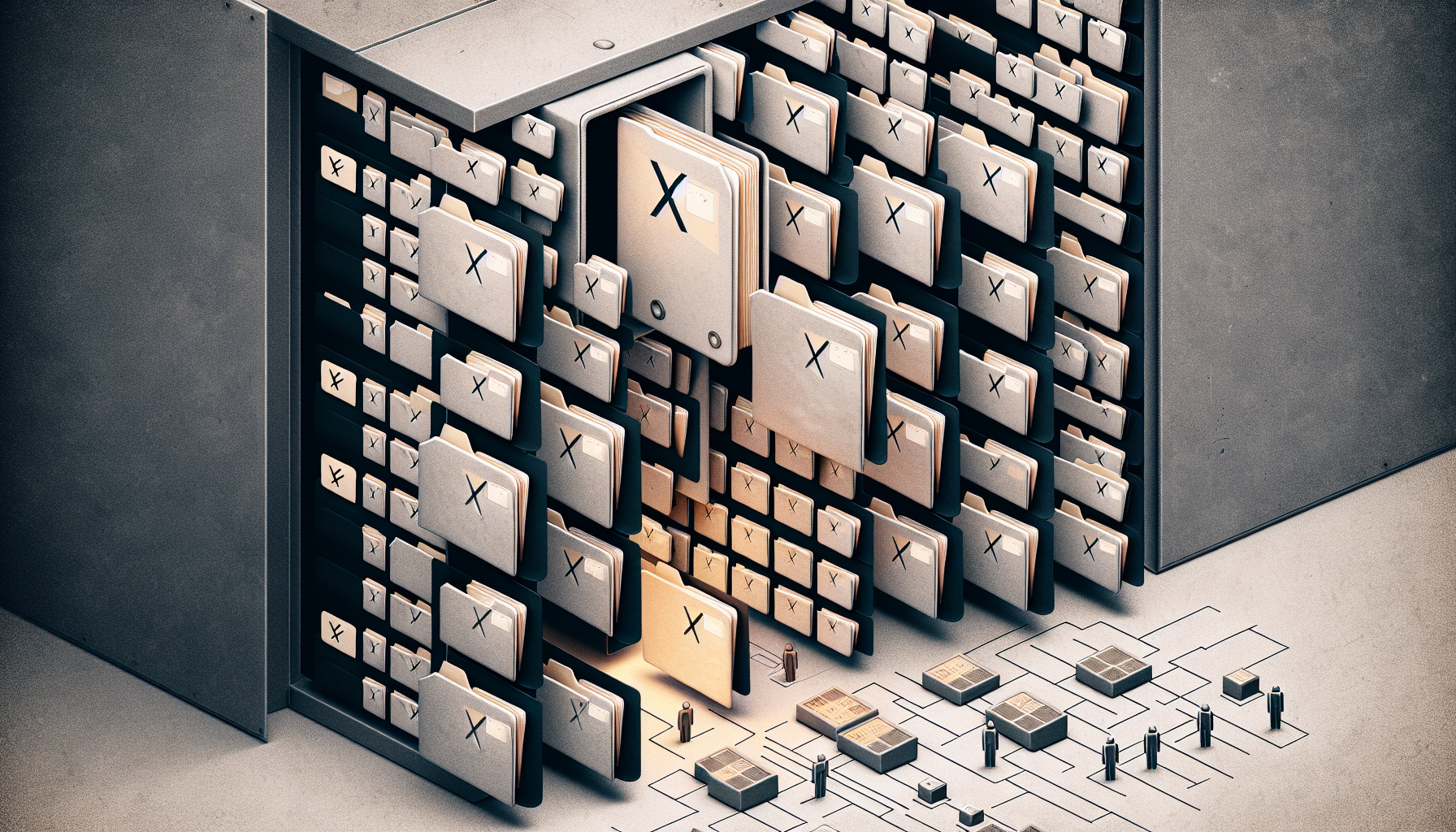 Abstract editorial illustration of automated document sorting. Most filtered out, a few passing through a narrow opening. Muted stone palette with amber accent.