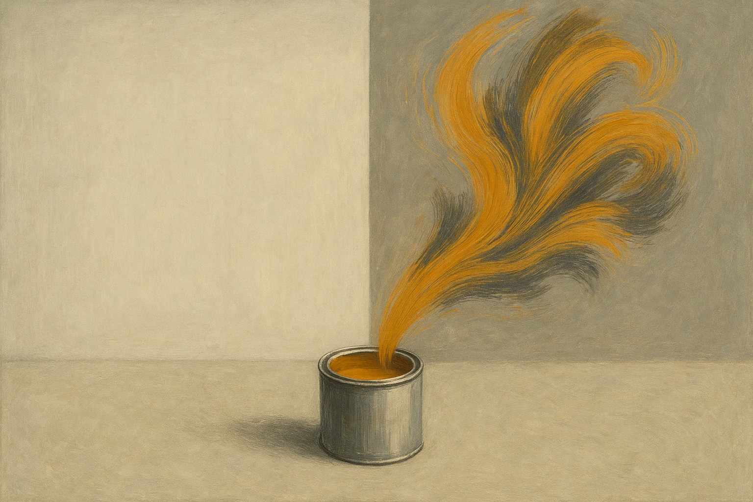 Abstract editorial illustration. A single can of paint releases a sweeping amber plume that blooms into an expressive brushstroke against a divided stone-grey ground. The same material, transformed by the hand that wields it. Muted stone palette with amber accent.